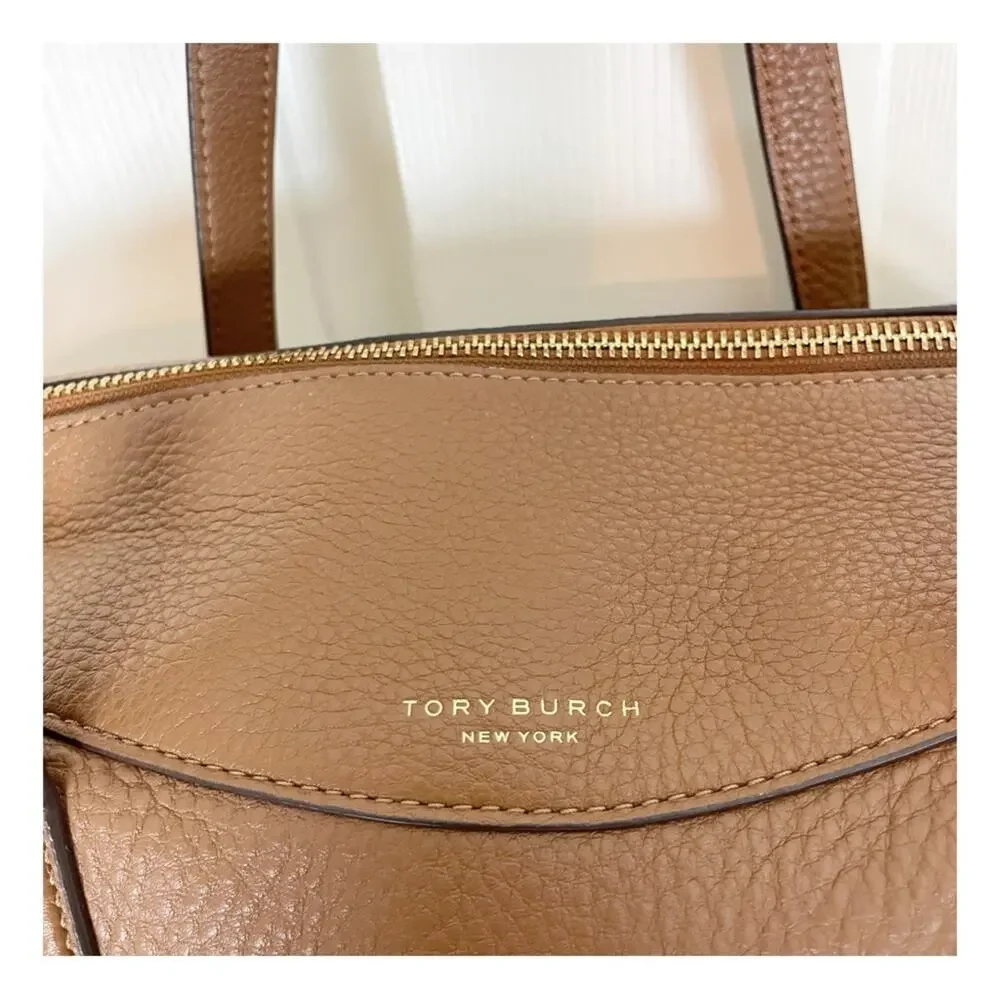 Tory Burch Perry Moose Brown Satchel Bag Pebbled Leather Zip Top Handbag